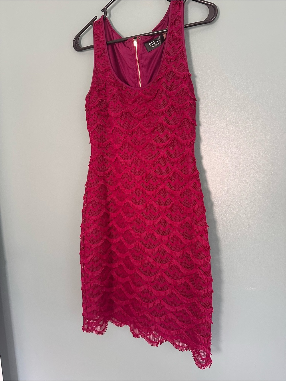 GUESS Dark Red Lace Scoop Neck Dress with fun fringe details- size S